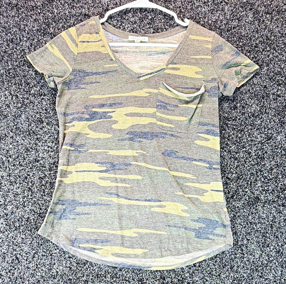 SOCIALITE Women's Green Gray Camo Knit V-Neck Short Sleeve Pocket Tee Size S